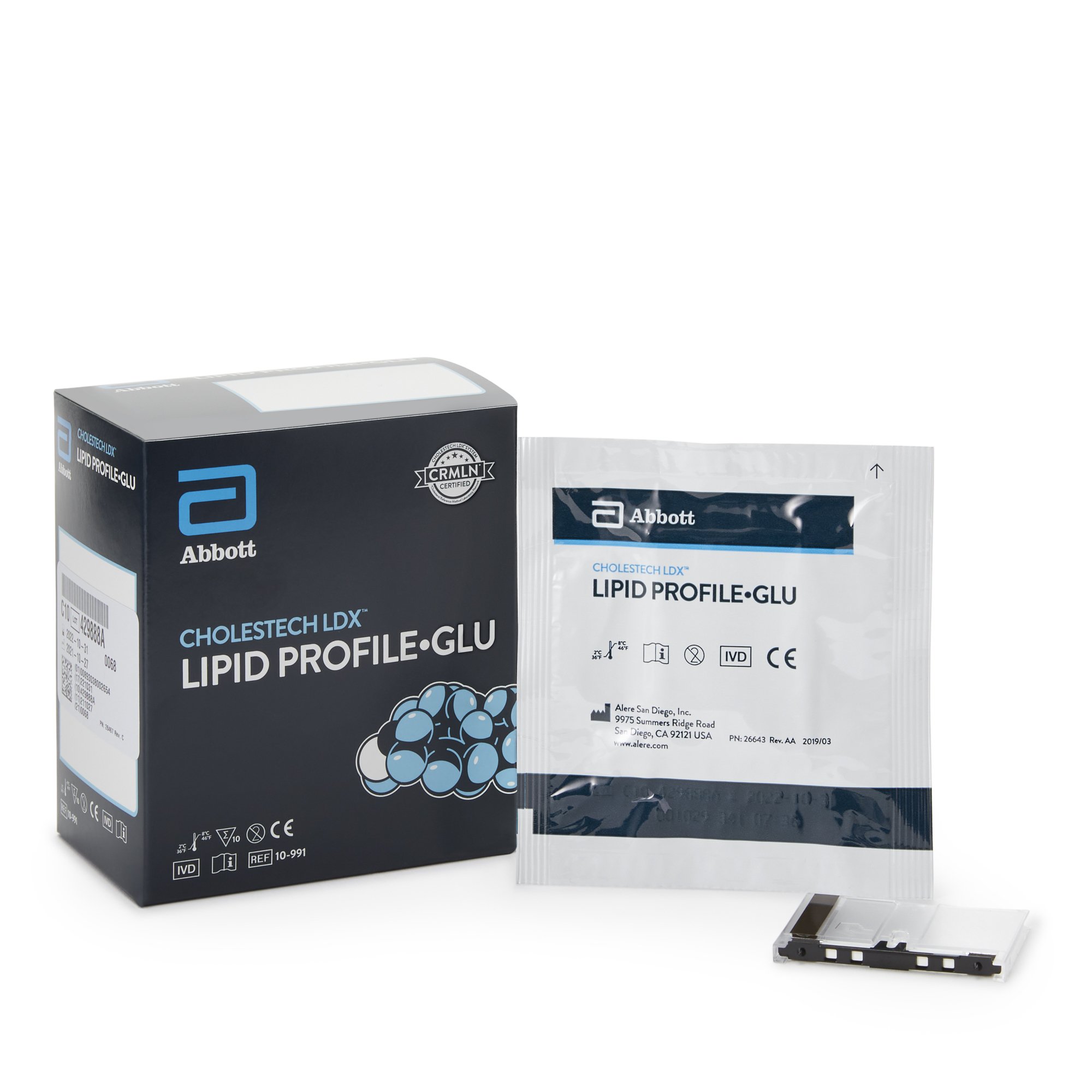 Kit Test Rapid Test Kit Cholestech LDX™ Lipid Profile Glucose / HDL / Total Cholesterol / Triglycerides Whole Blood / Serum / Plasma Sample 10 Tests CLIA Waived for Whole Blood (10/BX 50BX/CS) by Abbott Rapid Dx North America LLC  ID 10-991